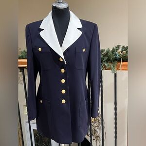 BASLER NAVY VINTAGE BLAZER WITH REMOVEABLE WHITE LAPEL COLLAR, SIZE 38=12